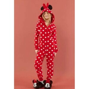 Disney Forever 21 Minnie Mouse Onesie S Red Polka Dot Fleece Hood Loungewear